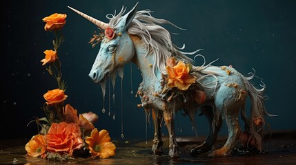  a close up of a statue of a unicorn with flowers on it's head and a body of water in front of it.  generative ai