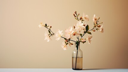  a vase filled with white flowers sitting on top of a table next to a brown wall and a white wall behind it.  generative ai