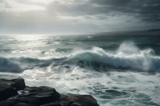 Scenic ocean view with a stormy water wallpaper or screensaver during noon. Generative AI