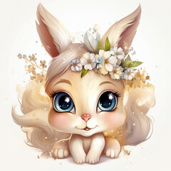 Ilustración dibujo animado conejito adorable ojos tiernos, fondo blanco, juguete conejillo, creado por IA
