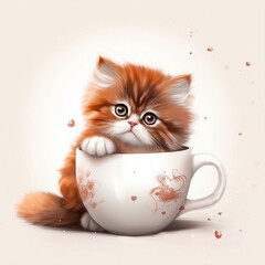 pequeño gato adorable  de color naranja con una taza, ilustración creada por IA, fondo blanco