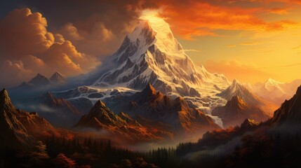  a painting of a mountain with clouds and trees in the foreground, and a sunset in the back ground.  generative ai