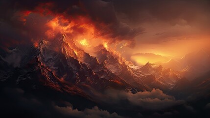  a painting of a mountain covered in red and orange smoke and flames, with a dark sky in the background.  generative ai