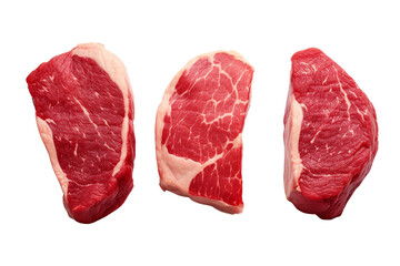 Three four pieces of raw steak isolated on transparent or white background, png
