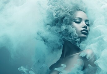 Artistic image of a serene woman surrounded by mysterious blue smoke, creating an ethereal look