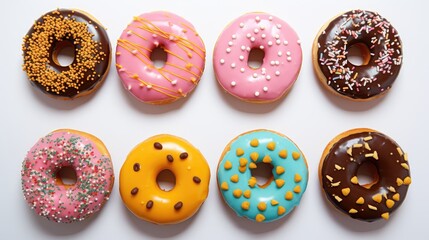  a group of doughnuts with different toppings arranged in a row on a white surface with sprinkles.  generative ai