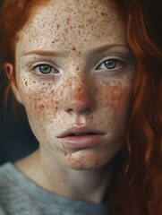 Intriguing image of a woman with red hair and a puzzled expression, set against a soft background