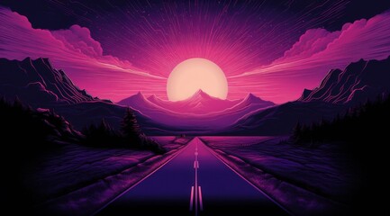 Striking purple landscape with a neon pink glowing sun setting or rising behind pointy mountains - Powered by Adobe