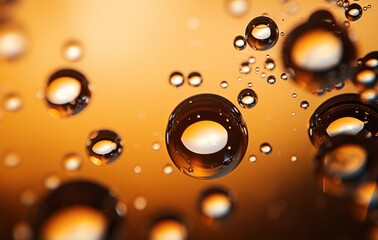 Artistic image of dark, almost black spheres suspended in a radiant, golden-colored liquid with light reflections