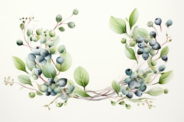Watercolor holiday wreath with mistletoe, eucalyptus, and berries on a white background. Generative AI