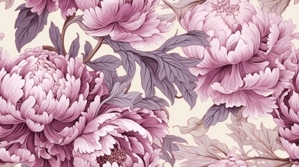  a close up of a bunch of flowers on a white and pink wallpaper with leaves and flowers on it.  generative ai