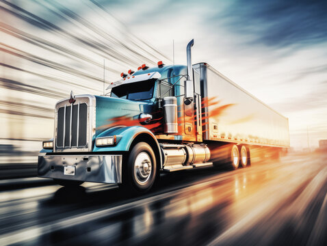 A large semi truck traveling down the road transporting cargo.Illustration with motion blur speed background