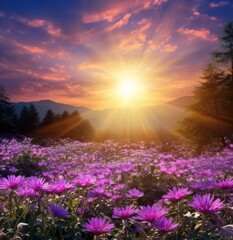 Fototapeta premium A beautiful sunny day with purple flowers, in the style of dreamlike horizons