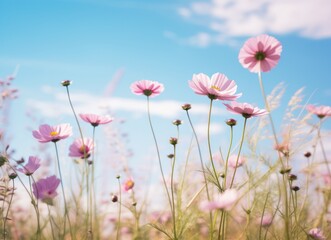 Obraz premium A large field of colorful flowers with blue sky