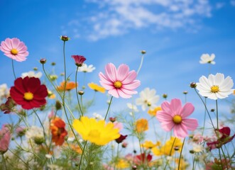 A large field of colorful flowers with blue sky