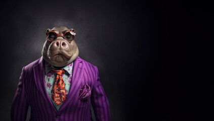 Obraz premium Cool looking hippo or hippopotamus wearing funky fashion dress - jacket, tie, glasses. Wide banner with space for text at side. Stylish animal posing as supermodel. Generative AI