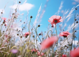 Fototapeta premium A large field of colorful flowers with blue sky