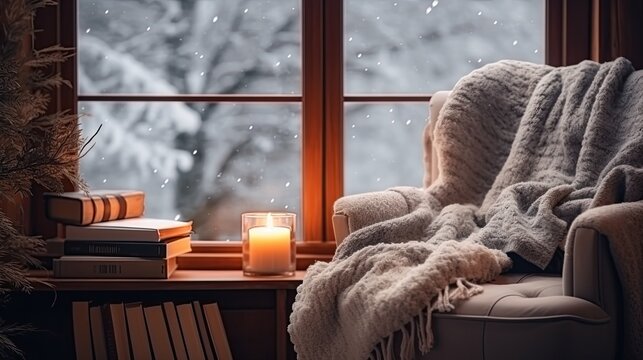 Cozy armchair by a snowy window with warm blanket and books. Homely interior with candle light and snow view. Peaceful winter evening in a comfortable reading nook.