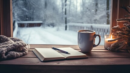 Peaceful snow view through window with cozy homely elements. Indoor warmth with notebook and knitwear on wooden table - obrazy, fototapety, plakaty