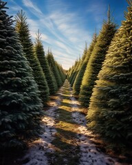 Snowy path between rows of christmas trees on a farm. Winter scene of a fir tree plantation with a...