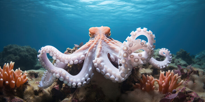 The octopus, with one of its eight arms, gently holds a piece of coral
