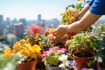 A person's hands meticulously arranging an assortment of colorful flowering plants on a balcony, with a cityscape in the background, during a vibrant and sunny day.