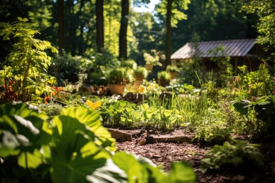 A photograph of a permaculture garden with various plant species thriving together, under the dappled sunlight of a deciduous forest