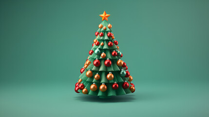 green Christmas tree with golden star and gold and red ornaments