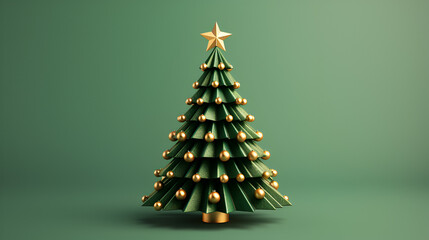 green Christmas tree with golden star and gold ornaments