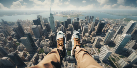 Suspended above the city, the legs sway, free yet anchored to the towering structure - obrazy, fototapety, plakaty