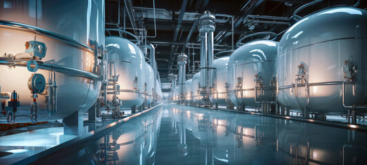 Interior of hydrogen production and processing plant, large storage tanks with pipes near. H2 manufacturing as imagined by Generative AI