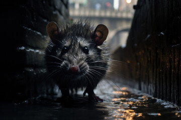 A cunning city rat scurries through the shadowy underbelly of an urban sewer system - obrazy, fototapety, plakaty