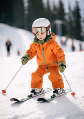 small cheerful child in a helmet and goggles skiing on a snowy slope in the mountains at a winter resort, sport, vacation, family, skiing, new year, christmas, lifestyle, children, kid, toddler