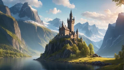 Foto op Canvas A majestic castle stands tall in the midst of the beautiful lake surrounded with mountains, basking in the warm rays of the sun - AI Generative © Being Imaginative