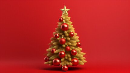 Fototapeta na wymiar Christmas tree with golden star and red ornaments and on plain red background