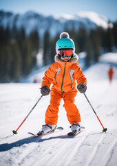 small cheerful child in a helmet and goggles skiing on a snowy slope in the mountains at a winter resort, sport, vacation, family, skiing, new year, christmas, lifestyle, children, kid, toddler - obrazy, fototapety, plakaty