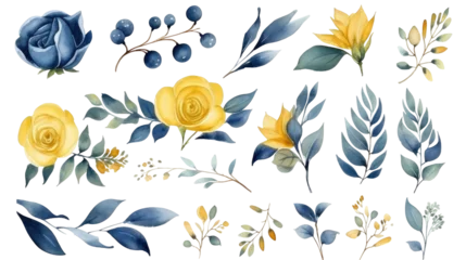 Poster Watercolor elements blue gold yellow flowers, roses, leaves, branches set for wedding stationary, png © Web