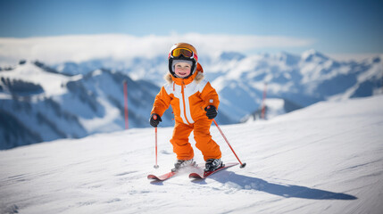small cheerful child in a helmet and goggles skiing on a snowy slope in the mountains at a winter resort, sport, vacation, family, skiing, new year, christmas, lifestyle, children, kid, toddler