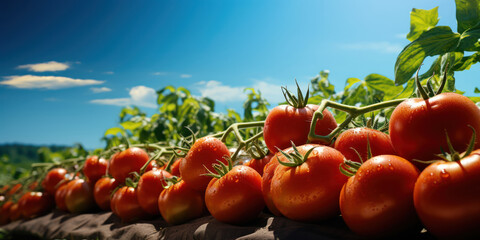The tomatoes ripe and ready against the backdrop of a vast, azure canvas