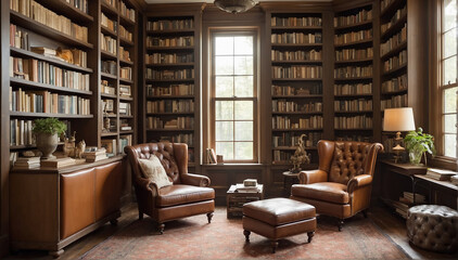 A cozy reading nook nestled in the corner of a sunlit room, with plush armchairs and a floor-to-ceiling bookshelf filled with leather-bound classics - AI Generative