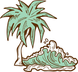 Fototapeta na wymiar Palm and wave composition. Travel holiday, dream lagoon, spa resort, summer vacation, tropical paradise, ocean coast, sea shore design element. Hand drawn illustration, cartoon comic style vector.