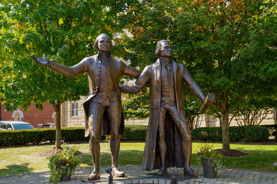 Washington, PA - Sept. 28, 2023: Statue at Washington and Jefferson College of George Washington and Thomas Jefferson by Alan Cottrill
