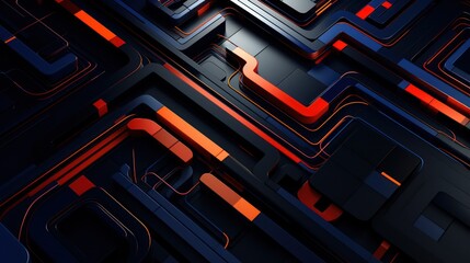 Realistic gaming background with orange light 3D digital geometric technology illustration - orange shining textured robotic mecha shape with details	