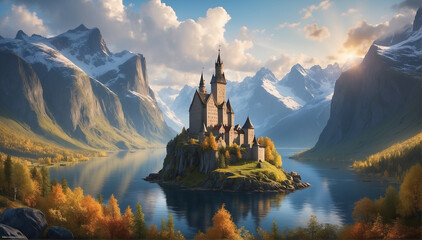A majestic castle stands tall in the midst of the beautiful lake surrounded with mountains, basking in the warm rays of the sun - AI Generative - obrazy, fototapety, plakaty