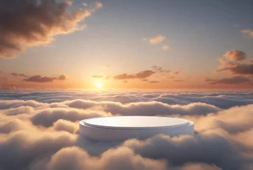 Foto op Plexiglas White round podium for product presentation over fluffy clouds at sunrise or sunset © bht2000