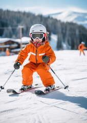Fototapeta na wymiar small cheerful child in a helmet and goggles skiing on a snowy slope in the mountains at a winter resort, sport, vacation, family, skiing, new year, christmas, lifestyle, children, kid, toddler