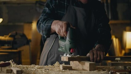 Workplace. Skilled Worker Concentrated Cuts Wood Plank With Electric Saw Part In Workshop Concept Experienced Professional Works With Solid Wood At Work Table At Workplace, Carving