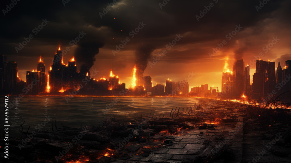 Wall mural Burning city, world war concept