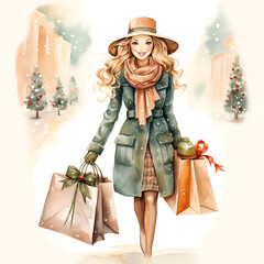Elegant Fashionable Woman with Shopping Bags, Festive Christmas Watercolor Illustration, Perfect for Seasonal Greeting Cards and Holiday Marketing