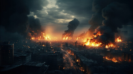 Burning city at night, war concept